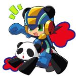  absurdres animal_ears black_hair blue_gloves blush chibi clenched_hand commentary_request gloves green_eyes helmet highres male_focus netnavi open_mouth panda riding rockman rockman_exe rockman_exe_(character) shino_hiro22 simple_background smile white_background 