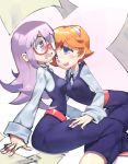  bearthemighty blue_eyes breasts commentary covered_navel freckles glasses hair_over_one_eye hairband half-closed_eyes hand_on_another's_thigh lavender_hair little_witch_academia long_hair lotte_jansson luna_nova_school_uniform multiple_girls open_mouth orange_hair purple_eyes round_eyewear semi-rimless_eyewear short_hair sitting smile sucy_manbavaran under-rim_eyewear yuri 