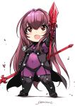  bodysuit breasts chibi commentary_request fate/grand_order fate_(series) gae_bolg hair_intakes highres holding holding_weapon inoue_sora leotard long_hair looking_up open_mouth pauldrons polearm purple_bodysuit purple_hair purple_leotard red_eyes scathach_(fate)_(all) scathach_(fate/grand_order) shoulder_armor signature smile spear weapon white_background 