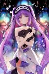  bangs bare_shoulders blush breasts choker commentary_request crying crying_with_eyes_open dress euryale eyebrows_visible_through_hair fate/grand_order fate_(series) feathers hairband head_tilt highres jewelry lolita_hairband long_hair looking_at_viewer necomi object_hug open_mouth purple_eyes purple_hair sidelocks signature smile solo tears thighlet twintails very_long_hair white_dress 