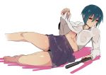  1girl black_eyes boxers breasts dress_shirt ettone green_hair gun handgun kino kino_no_tabi looking_at_viewer lying no_bra perky_breasts pistol sagging_breasts shirt short_hair skirt small_breasts sweat tomboy underboob underwear undressing weapon 