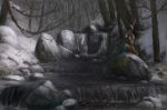  2017 anthro blue_fur blue_hooves cervine detailed_background digital_media_(artwork) fur hooves kur0i kuroi-kisin mammal outside sitting solo water waterfall winter 
