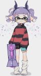  bangs black_shorts blunt_bangs candy_print fake_horns freckles full_body grey_background grey_eyes gym_shorts holding holding_weapon inkling long_sleeves loose_socks maco_spl pointy_ears purple_hair red_sweater shadow short_hair short_twintails shorts solo splatoon_(series) splatoon_2 splattershot_jr_(splatoon) striped striped_sweater sweater tentacle_hair twintails weapon white_legwear 