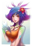  1girl blue_hair breasts cleavage flower hair_flower hair_ornament league_of_legends lipstick lizard_girl looking_at_viewer makeup mascara multicolored_hair neeko_(league_of_legends) purple_hair sideboob slit_pupils tank_top two-tone_hair yellow_eyes 