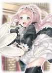  akina_(akn_646) blue_eyes commentary felicia_(fire_emblem_if) fire_emblem fire_emblem_if gem juliet_sleeves long_hair long_sleeves maid maid_headdress open_mouth pink_hair plate ponytail puffy_sleeves solo thighhighs zettai_ryouiki 