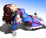  1girl arm_support breasts brown_hair d.va_(overwatch) feguimel full_body gradient gradient_background lips long_hair medium_breasts navel overwatch pilot_suit sitting solo thighs third-party_edit whisker_markings 