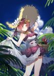  1girl basket blush bottle breasts cloud commentary_request dress dress_lift fate/grand_order fate_(series) food frankenstein&#039;s_monster_(fate) fruit hat headpiece horn looking_at_viewer medium_breasts night night_sky palm_tree pink_hair purple_eyes short_hair sky smile solo straw_hat sun_hat taoi_bianshenbang tree watermelon white_dress 