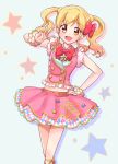  3 :d aikatsu!_(series) aikatsu_stars! blonde_hair blush bow brown_eyes commentary counting cowboy_shot eyebrows_visible_through_hair gradient_hair hair_bow hand_on_hip idol long_hair looking_at_viewer multicolored_hair navel nijino_yume number open_mouth pink_hair quro_(black_river) ribbon shadow skirt sleeveless smile solo star twintails wrist_cuffs 