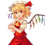  :d ascot bangs blonde_hair eyebrows_visible_through_hair fang flandre_scarlet hair_between_eyes hat hat_ribbon highres looking_at_viewer mob_cap nob1109 one_side_up open_mouth puffy_short_sleeves puffy_sleeves red_eyes red_ribbon red_skirt ribbon short_hair short_sleeves skirt smile solo touhou white_hat wings yellow_neckwear 