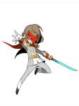  akechi_gorou brown_hair cape energy_sword epaulettes highres lightsaber mask official_art persona persona_5 persona_q2:_new_cinema_labyrinth persona_q_(series) red_eyes solo source_request sword weapon 
