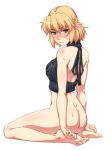  ass back backless_outfit bad_id bad_twitter_id bangs bare_shoulders barefoot black_sweater blonde_hair blush bottomless closed_mouth commentary_request cropped_sweater feet from_behind full_body green_eyes looking_at_viewer mizuhashi_parsee ootsuki_wataru pointy_ears ribbed_sweater short_hair simple_background sitting soles solo sweat sweater toes touhou turtleneck turtleneck_sweater wariza wavy_mouth white_background 