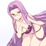  arm_at_side bangs bra breasts chan_co cleavage collarbone commentary dutch_angle fate/grand_order fate_(series) glasses hand_in_bra large_breasts long_hair navel panties parted_bangs purple_bra purple_eyes purple_hair purple_panties rider sidelocks simple_background sitting smile solo underwear underwear_only very_long_hair wariza 