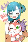  :d ;) anpanman antennae bandages bandaid bandaid_on_face blue_eyes blue_hair blush blush_stickers bulma carrying character_name crossover detached_sleeves dokin-chan dragon_ball dragon_ball_(classic) eyelashes gloves green_eyes green_ribbon hair_ribbon long_hair looking_at_another looking_at_viewer looking_up multicolored_hair one_eye_closed open_mouth polka_dot polka_dot_background ponytail purple_eyes purple_hair ribbon seiyuu seiyuu_connection smile teeth tsuru_hiromi two-tone_hair upper_body waving white_background yellow_background yellow_eyes 