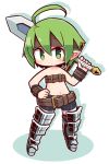  armored_boots bangs bare_shoulders belt belt_buckle beltbra bike_shorts blue_legwear blue_shorts blush boots brown_belt buckle chibi closed_mouth collarbone commentary_request disgaea female_warrior_(disgaea) full_body green_eyes green_hair hair_between_eyes hand_on_hip hand_up highres holding holding_sword holding_weapon knee_boots left-handed looking_at_viewer makai_senki_disgaea naga_u navel shadow short_shorts shorts solo standing sword thighhighs thighhighs_under_boots weapon white_background 