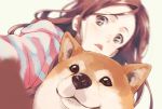  banned_artist brown_eyes brown_hair dog dutch_angle face forehead motion_blur original photobomb shiba_inu striped striped_sweater sweater triangle_mouth yuu_(warm_water) 