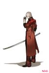  clenched_hand coat dante_(devil_may_cry) devil_may_cry devil_may_cry_4 facial_hair fingerless_gloves gloves hallot highres holding holding_weapon katana looking_at_hand medium_hair red_coat signature simple_background standing sword weapon white_background white_hair 