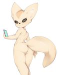  aggressive_retsuko anthro butt butt_pose canine female fennec fenneko fox fur grey_eyes hi_res looking_at_viewer looking_back low-angle_view mammal nude phone pussy rear_view simple_background slugbox smile solo soul_devouring_eyes standing tan_fur white_background 