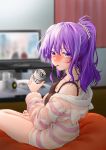  alcohol animal_hood bangs bare_legs bare_shoulders beer beer_can blurry blurry_background blush breasts camisole can cleavage commentary_request curtains depth_of_field food hair_ornament hair_scrunchie highres holding holding_can hood hoodie indoors kumagai_ayato long_hair long_sleeves looking_at_viewer mouth_hold original pocky ponytail purple_eyes purple_hair scrunchie sitting striped table television wooden_floor 