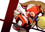  android blonde_hair blue_eyes commentary_request from_above gloves hand_on_hip helmet kin_niku long_hair looking_at_viewer male_focus ponytail rockman rockman_x smile solo super_smash_bros. super_smash_bros._ultimate thumbs_up upper_body white_gloves zero_(rockman) 