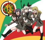  :d amaretto_(girls_und_panzer) anchovy anzio_(emblem) anzio_military_uniform arm_around_neck asymmetrical_bangs bangs belt black_belt black_footwear black_hair black_neckwear black_ribbon black_shirt blonde_hair boots braid brown_eyes brown_hair carpaccio clenched_hand clenched_hands commentary_request dress_shirt drill_hair emblem eyebrows_visible_through_hair flag_background frown girls_und_panzer green_eyes green_hair grey_jacket grey_pants grey_skirt grin hair_ribbon holding italian_flag jacket jumping knee_boots knife leg_up long_hair long_sleeves looking_to_the_side military military_uniform miniskirt multiple_girls necktie open_mouth pants partial_commentary pencil_skirt pepperoni_(girls_und_panzer) red_eyes ribbon riding_crop running sam_browne_belt shirt short_hair side_braid skirt smile standing standing_on_one_leg sweatdrop torinone twin_drills twintails uniform 