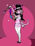  2014 between_breasts black_jacket black_shoes brown_hair clothing feline female fur hair handkerchief hat legwear lemonfont magenta_johnson magic_trick magician mammal pink_fur purple_stripes stripes thigh_highs top_hat white_bra white_gloves white_panties white_stockings 