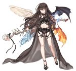  asymmetrical_wings bangs bare_legs bat_wings black_choker black_cloak black_footwear black_hair black_panties black_ribbon brown_eyes character_request choker commentary_request commission copyright_request energy_ball eyebrows_visible_through_hair feathered_wings fiery_wings glasses grin hair_between_eyes hand_up holding holding_scepter ice ice_wings korean_commentary long_hair long_sleeves looking_at_viewer midriff navel open_cloak open_clothes panties ribbon round_eyewear scepter shan shoes simple_background smile solo stomach thighs underwear very_long_hair white_background white_wings wide_sleeves wings 