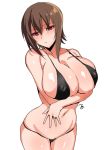  1girl bangs bikini black_bikini blush breast_hold breasts brown_eyes brown_hair cleavage closed_mouth commentary covered_nipples cowboy_shot eyebrows_visible_through_hair frown girls_und_panzer head_tilt huge_breasts jewelry lips looking_at_viewer mature micro_bikini navel nishizumi_maho older ring saikawa_yusa short_hair simple_background skindentation solo standing sweatdrop swimsuit wedding_band white_background 