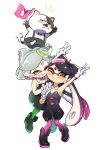  2girls ankle_boots aori_(splatoon) black_dress black_footwear black_hair black_jumpsuit blush boots brown_eyes cat collaboration commentary_request cousins detached_collar domino_mask dress face-to-face flag food food_on_head full_body gradient_hair green_legwear grey_hair grin hand_on_another's_shoulder highres holding holding_flag hotaru_(splatoon) jajji-kun_(splatoon) long_hair looking_at_viewer mask mole mole_under_eye multicolored_hair multiple_girls notice_lines object_on_head one_eye_closed pantyhose pointy_ears puchiman purple_hair purple_legwear short_dress short_hair short_jumpsuit simple_background smile splatoon_(series) splatoon_1 standing strapless strapless_dress sushi tentacle_hair ueda_kou v white_background 