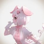  animal_ears artist_name breasts brown_hair cleavage commentary_request eyebrows_visible_through_hair fingers_to_mouth gloves gradient gradient_background hair_ornament hairclip highres kemono_friends lips looking_away neck_ribbon parted_lips pig_(kemono_friends) pig_ears pig_tail pink_ribbon profile puffy_short_sleeves puffy_sleeves ribbon short_hair short_sleeves simple_background solo tail takami_masahiro underwear watermark web_address white_background white_gloves white_hair 