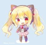  :d animal_ears azur_lane bangs black_jacket black_legwear blonde_hair blue_background blush brown_footwear candy cat_ear_headphones cat_ears chibi commentary_request concord_(azur_lane) eyebrows_visible_through_hair fake_animal_ears fang food full_body hair_between_eyes headphones holding holding_food holding_lollipop jacket kouu_hiyoyo lollipop long_hair long_sleeves lowres open_clothes open_jacket open_mouth pleated_skirt red_eyes shirt skirt smile solo standing thighhighs twintails twitter_username very_long_hair white_shirt white_skirt 