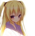  arihara_nanami bangs blonde_hair blush cariboy closed_mouth collarbone eyebrows_visible_through_hair hair_between_eyes japanese_clothes kimono long_hair purple_kimono red_eyes riddle_joker sidelocks simple_background smile solo two_side_up uneven_eyes upper_body white_background 