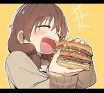  1girl absurdres blush brown_hair bural_chingu closed_eyes commentary_request copyright_request drooling eating food ham_na-bi hamburger highres holding holding_food korean_commentary letterboxed luke_(dydansgur) open_mouth original solo 
