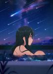  achiki bangs black_hair blurry blurry_foreground blush closed_mouth cloud commentary_request depth_of_field eyebrows_visible_through_hair falling_star hair_between_eyes long_hair night night_sky nude original outdoors partially_submerged profile purple_eyes sitting sky solo star_(sky) starry_sky water 