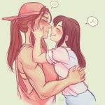  backwards_hat blush brigitte_(overwatch) brown_hair casual closed_eyes d.va_(overwatch) freckles grin hat hug long_hair multiple_girls murasaki-yuri muscle muscular_female musical_note noses_touching overwatch ponytail simple_background smile speech_bubble spoken_musical_note teeth white_background yuri 