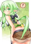  1girl anni_minto bare_shoulders belt black_bow blush bow goblin_slayer! green_eyes green_hair hair_bow half-closed_eyes high_elf_archer_(goblin_slayer!) highres long_hair low_ponytail panties panty_peek pink_panties shorts sidelocks sleeveless solo thought_bubble underwear very_long_hair 