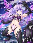  bare_shoulders blue_eyes breasts bustier cleavage cowboy_shot crotch_plate elbow_gloves gloves hair_ornament highres kazuneko_(wktk1024) long_hair mechanical_wings medium_breasts midriff navel nepgear nepnep_connect:_chaos_chanpuru neptune_(series) open_mouth outdoors pubic_tattoo purple_hair purple_sister purple_sister_(chaos_form) revealing_clothes smile solo stomach symbol-shaped_pupils tattoo thighhighs wings 