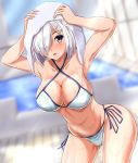  bikini blue_eyes blurry blurry_background breasts cleavage collarbone criss-cross_halter drying drying_hair hair_ornament hair_over_one_eye hairclip halterneck hamakaze_(kantai_collection) highres kantai_collection large_breasts leaning_forward looking_at_viewer rei_no_pool short_hair side-tie_bottom silver_hair skindentation solo swimsuit upper_body wet white_bikini zanntetu 