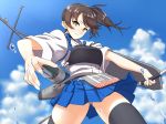  apron ass_visible_through_thighs black_legwear blue_sky breasts brown_hair closed_mouth cloud cloudy_sky commentary cowboy_shot day expressionless foreshortening from_below hakama_skirt half-closed_eyes japanese_clothes kaga_(kantai_collection) kantai_collection looking_at_viewer medium_hair muneate outdoors outstretched_arms panties pantyshot quiver rigging shingyo side_ponytail sky solo tasuki thighhighs underwear upskirt water_drop white_panties yellow_eyes yumi_(bow) 
