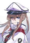  artist_name blonde_hair capelet cross graf_zeppelin_(kantai_collection) hair_between_eyes hat iron_cross kantai_collection looking_at_viewer military military_uniform mogamiya_honu necktie peaked_cap purple_eyes sidelocks simple_background smile solo twintails uniform upper_body white_background 