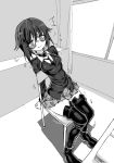  collar commentary_request cuffs greyscale highres kinbakuman miniskirt monochrome nervous original restrained self_bondage shackles sitting skirt thighhighs zettai_ryouiki 