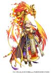  1girl bald bird braid brown_footwear brown_scarf fire full_body fur_trim hair_ornament hand_up holding holding_staff looking_at_viewer official_art phoenix scarf simple_background smug solo staff standing tassel tattoo white_background yellow_eyes yuba_no_shirushi zenmaibook 
