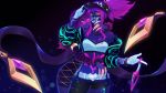  akali artist_name asymmetrical_clothes bare_shoulders baseball_cap belt black_choker black_jacket black_pants bodypaint bracelet breasts choker claws cleavage cowboy_shot earrings evelynn eyeshadow hat heat highres holding hug idol jacket jewelry k/da_(league_of_legends) k/da_akali k/da_evelynn kezi kunai league_of_legends long_hair looking_at_viewer makeup midriff miniskirt multiple_girls navel necklace open_clothes open_jacket paint_splatter pants parted_lips ponytail purple_hair sidelocks single_pantsleg skirt stomach strapless sunglasses tubetop ultraviolet_light weapon yellow_eyes 