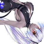  absurdres backless_outfit bare_shoulders black_hairband black_leotard blush breasts center_opening cosplay dark_skin fate/grand_order fate/prototype fate/prototype:_fragments_of_blue_and_silver fate_(series) hairband hassan_of_serenity_(fate) hassan_of_serenity_(fate)_(cosplay) highres large_breasts leotard long_hair looking_at_viewer open_mouth ponytail red_eyes silver_hair simple_background solo tomoe_gozen_(fate/grand_order) upside-down watosu white_background 
