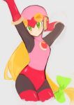  absurdres arm_behind_head arm_up blonde_hair blush bodysuit bow commentary_request cowboy_shot cropped_legs elbow_gloves gloves green_bow green_eyes hair_bow head_tilt helmet highres leotard long_hair looking_at_viewer low-tied_long_hair netnavi pink_gloves pink_leotard rockman rockman_exe roll_exe shino_hiro22 simple_background solo 