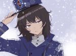  1girl adjusting_headwear andou_(girls_und_panzer) bangs bc_freedom_(emblem) bc_freedom_military_uniform black_hair blue_hat blue_jacket blue_vest blurry blurry_foreground brown_eyes closed_mouth commentary dark_skin dress_shirt emblem eyebrows_visible_through_hair frown girls_und_panzer hat head_tilt high_collar highres holding inumoto jacket long_sleeves looking_at_viewer medium_hair messy_hair military military_hat military_uniform outdoors shirt snow solo uniform upper_body vest white_shirt 