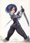  1girl black_bodysuit black_hair bodysuit brown_eyes commentary_request cyberpunk cyborg facepaint fighting_stance gally gunnm holding holding_weapon leg_warmers looking_back mechanical_arms reverse_grip science_fiction shopyun short_hair short_sword skin_tight solo sword weapon 