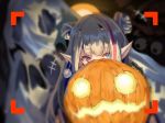  alternate_costume bangs black_gloves blue_eyes covering_face earrings eyebrows_visible_through_hair ghost girls_frontline gloves glowing glowing_eyes grey_hair halloween halloween_costume heterochromia hiding jewelry long_hair looking_at_viewer mdr_(girls_frontline) multicolored_hair phone_screen pink_eyes pink_hair pointy_ears pumpkin sidelocks solo streaked_hair stz-xp two-tone_hair 