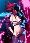  akali artist_name asymmetrical_clothes bandeau bare_shoulders baseball_cap belt belt_buckle blue_eyes bracelet breasts buckle cleavage collarbone covered_mouth face_mask fingerless_gloves gloves glowing glowing_eye hat heterochromia highres idol jacket jewelry k/da_(league_of_legends) k/da_akali league_of_legends looking_at_viewer mask medium_breasts midriff navel neck_ring off_shoulder open_clothes open_jacket paint_splatter ponytail red_hair ruzi sidelocks single_glove single_pantsleg single_thighhigh sleeves_pushed_up solo strapless thighhighs toned ultraviolet_light yellow_eyes 