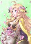  1girl ahoge animal bird blonde_hair breasts cape center_opening circlet closed_mouth ebi_puri_(ebi-ebi) feh_(fire_emblem_heroes) fire_emblem fire_emblem_heroes fire_emblem_if flower green_background grey_eyes hair_flower hair_ornament holding holding_animal long_hair medium_breasts nintendo ophelia_(fire_emblem_if) owl petals simple_background upper_body 
