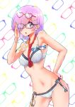  adjusting_eyewear ass_visible_through_thighs between_breasts black-framed_eyewear blue-framed_eyewear bra bracelet breasts clothes_writing commentary contrapposto cowboy_shot crotch_seam english eyebrows_visible_through_hair eyewear_on_head fate/grand_order fate_(series) frown glasses hair_over_one_eye hand_on_hip heart highres jewelry lace lace-trimmed_bra lace-trimmed_panties lavender_hair light_blush looking_at_viewer mash_kyrielight medium_breasts navel necktie open_mouth panties print_bra print_panties purple_eyes red_neckwear sarujie_(broken_monky) semi-rimless_eyewear short_hair solo sparkle standing under-rim_eyewear underwear underwear_only yellow-framed_eyewear 